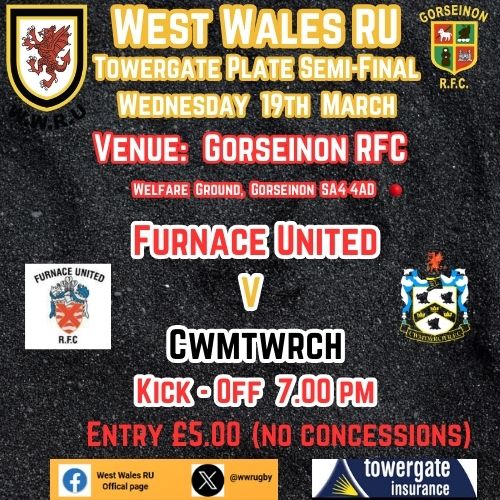 West Wales Rugby Union (@wwrugby) on Twitter photo <a href="/wwrugby/">West Wales Rugby Union</a> <a href="/TowergateWales/">Towergate Wales</a>
Plate Semi-Final" played in <a href="/GorseinonRFC/">Gorseinon RFC 🔴⚪️</a>
<a href="/FurnaceUnited/">Furnace United RFC</a> V <a href="/CWMTWRCHRFC/">CWMTWRCH RFC</a>
Wed 19th March, 7.00pm Kick-Off
<a href="/AllWalesSport/">All Wales Sport</a> <a href="/WRU_Community/">WRU Community - Wrth galon y genedl</a> <a href="/geraintrugby/">Geraint John</a> <a href="/JamiePhotos_/">Jamie Edwards Photography</a> <a href="/wwrugby/">West Wales Rugby Union</a> <a href="/TowergateWales/">Towergate Wales</a>
Plate Semi-Final" played in <a href="/GorseinonRFC/">Gorseinon RFC 🔴⚪️</a>
<a href="/FurnaceUnited/">Furnace United RFC</a> V <a href="/CWMTWRCHRFC/">CWMTWRCH RFC</a>
Wed 19th March, 7.00pm Kick-Off
<a href="/AllWalesSport/">All Wales Sport</a> <a href="/WRU_Community/">WRU Community - Wrth galon y genedl</a> <a href="/geraintrugby/">Geraint John</a> <a href="/JamiePhotos_/">Jamie Edwards Photography</a>