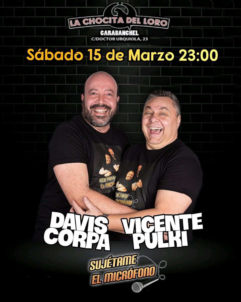Davis Corpa (@daviscorpa) on Twitter photo 🎤 Continúan las risas este sábado 15 de Marzo a las 23:00 en la <a href="/chocitadelloro/">La Chocita del Loro</a> de Carabanchel🎤🦜💞 👉🏻😎😎👈🏻 Regresa el espectáculo de comedia más gamberro y divertido,vuelven los cómicos de #sujetameelmicrofono
#risas #planazo #humor #duocomico #comedia #planazo #carabanchel 🎤 Continúan las risas este sábado 15 de Marzo a las 23:00 en la <a href="/chocitadelloro/">La Chocita del Loro</a> de Carabanchel🎤🦜💞 👉🏻😎😎👈🏻 Regresa el espectáculo de comedia más gamberro y divertido,vuelven los cómicos de #sujetameelmicrofono
#risas #planazo #humor #duocomico #comedia #planazo #carabanchel