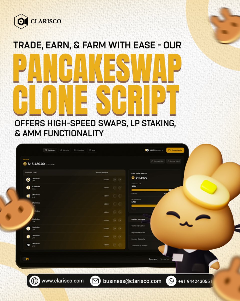 ClariscoSol's tweet photo. Launch Your DeFi Exchange with Our PancakeSwap Clone Script, packed with powerful features.

https://t.co/BlRU1Zzt6m

#clarisco #pancakeswapclone #YieldFarming #Staking #TokenSwapping #clonescripts #USA #Canada #Germany #Spain #Italy #Brazil #Southkorea #Thailand #Philippines https://t.co/FnRUrlVrzc