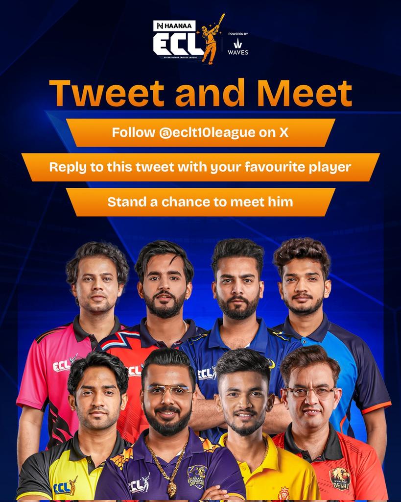 eclt10league's tweet photo. Humaari special X Fam ke liye ek special contest 😍🥳
It's very simple:
✅️ Follow us on X
✅️ Reply to this tweet with your favourite player's name
✅️ Stand a chance to meet him
Toh dekh kya rahe ho? Shuru hojao 👇🏽
#ECLT10 #TheChaseIsOn #TweetAndMeet https://t.co/vF8mVYzmDD