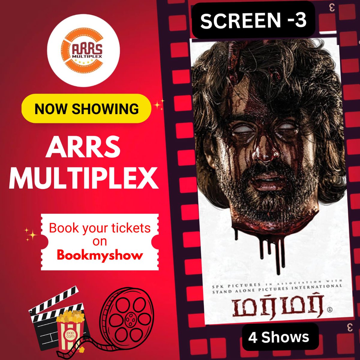 SalemArrs's tweet photo. 🎬 NOW SHOWING at #ARRSMultiplex! 🎭🔥
Get ready for a thrilling experience with #Mamaa 🎥💀
Catch it on Screen 3 with 4 shows!
🎟️ Book your tickets now on @bookmyshow and don’t miss out!
#NowShowing #TamilCinema #ARRSMultiplex #MovieTime #HorrorThriller #CinemaLovers https://t.co/t7EymI8zhB
