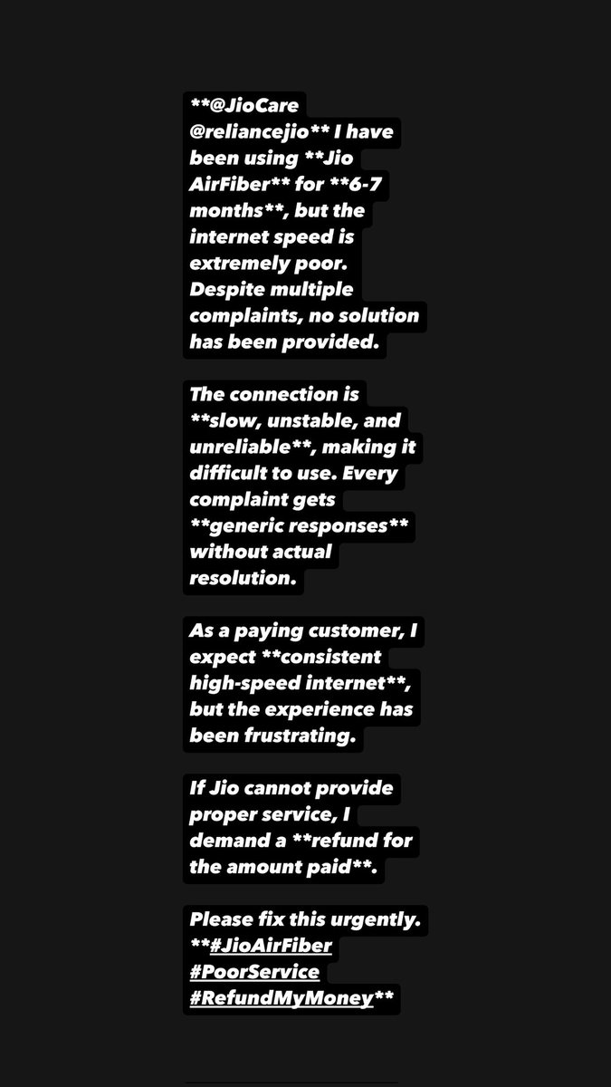 Sharmaharsh2216's tweet photo. Please be careful about it..
@JioCare @reliancejio Using 'Jio AirFiber' for **6-7 months**, but speed is extremely poor. Despite multiple complaints, no solution. If Jio can't fix this, I **demand a refund**. **#JioAirFiber #PoorService #RefundMyMoney** https://t.co/NXysCJ497v