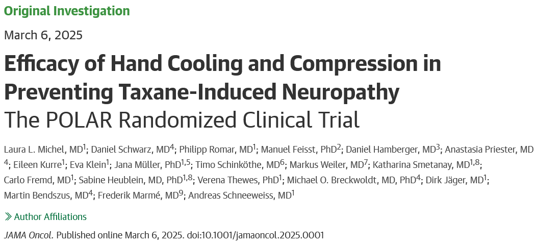 POLAR trial:🧊🖐️Hand cooling &amp; compression significantly reduce risk of high-grade CIPN in #BreastCancer pts on taxanes!

Cooling: 29% 🆚 50% (p=0.002)
Compression: 24% 🆚 38% (p=0.008)

👉jamanetwork.com/journals/jamao…
<a href="/OncoAlert/">OncoAlert</a> <a href="/JAMAOnc/">JAMA Oncology</a>