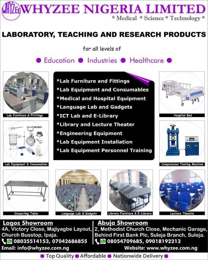 Whyzeenigeria's tweet image. Equip your lab, classroom, and research facility with our comprehensive solutions! Lab furniture, equipment, installation, training, and more. Nationwide delivery. Contact: info@whyzee.com.ng, 08035514153, 07042686855. 
#LabEquipment #TeachingSolutions #WhyzeeNigeria