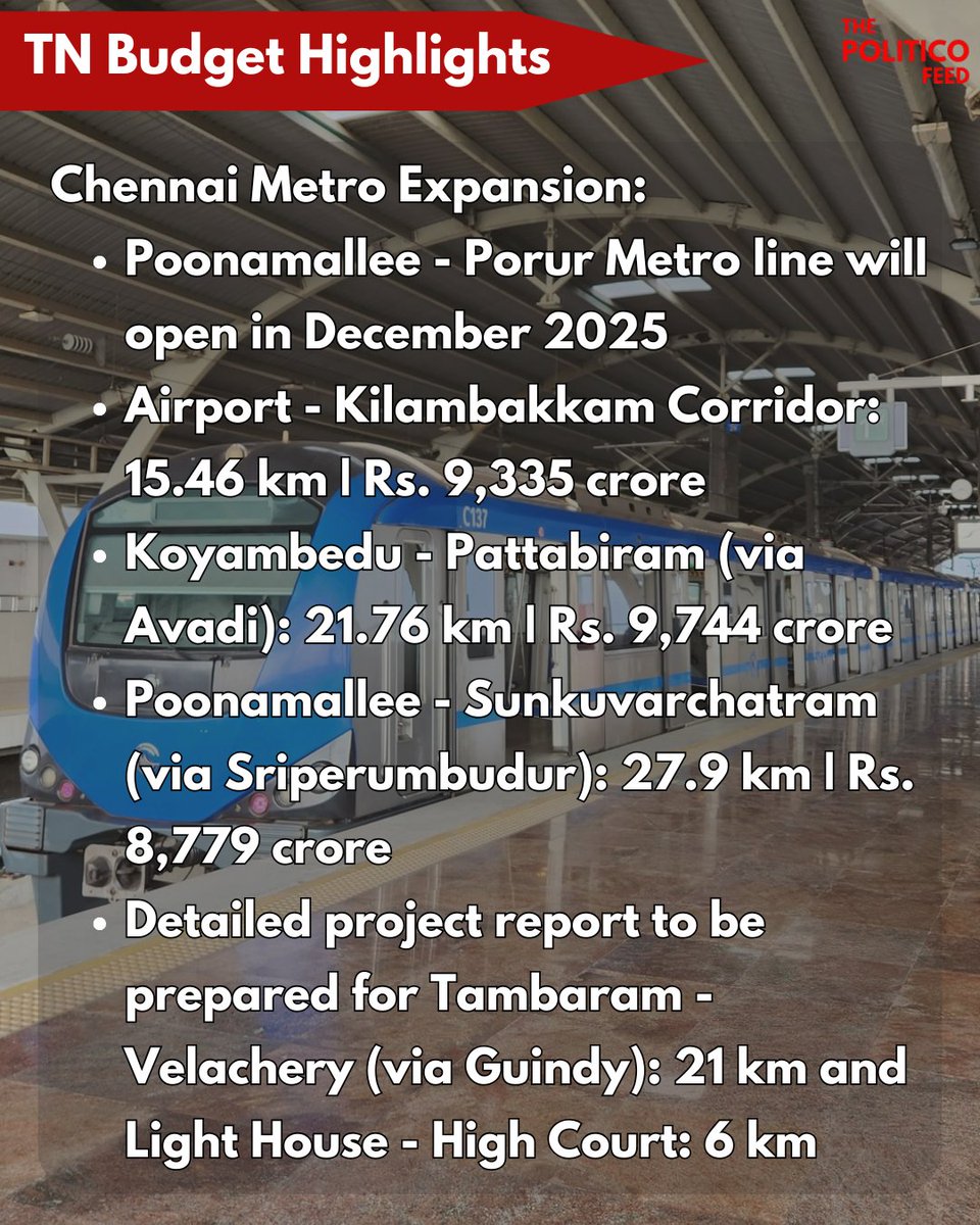 ThePoliticoFeed's tweet photo. Chennai Metro Expansion! 

#CMRL #ChennaiMetro #MetroRail #Chennai #TamilNaduBudget #TNBudget2025 #ThePoliticoFeed https://t.co/NdDo2WYlbb
