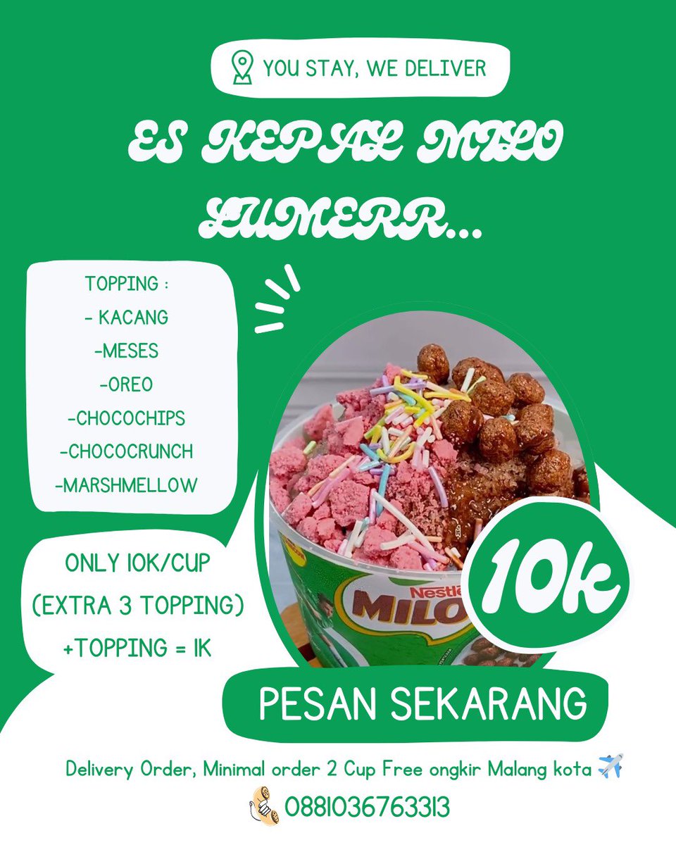 asyaaenih's tweet photo. @DevinaMaharan12 halo ka aku jual es kepal milo cuma 10k ajaa udah free 3 topping. free ongkir juga lohh ka buat area malang kota pemesanan minimal 2 cup. bisa langsung chat/dm yaa ka kalau tertarikk🥰🥰 https://t.co/uyjp05gGZl