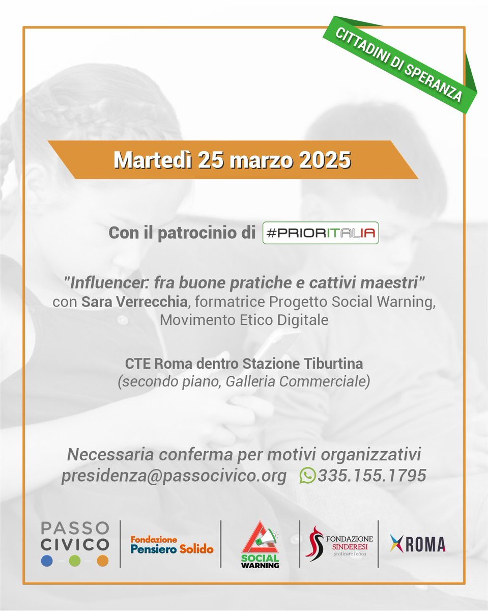 Ore 18,30 martedì 25 marzo 2025 
C/o il CTE di Roma a Stazione Tiburtina 
Il secondo incontro del ciclo su smartphone e adolescenti organizzato da <a href="/PassoCivico/">Passo Civico</a> 
Ti aspettiamo per capirne di più insieme sul rapporto social e minori.
 
#passocivico #generazioneansiosa