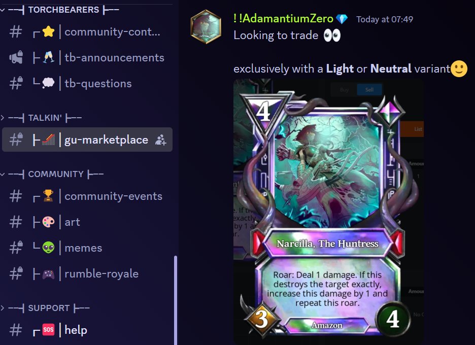 Looking to trade🏹 Narcilla MYTHIC🔥,
 exclusively with a Light or Neutral variant🙂

<a href="/GodsUnchained/">Gods Unchained</a>