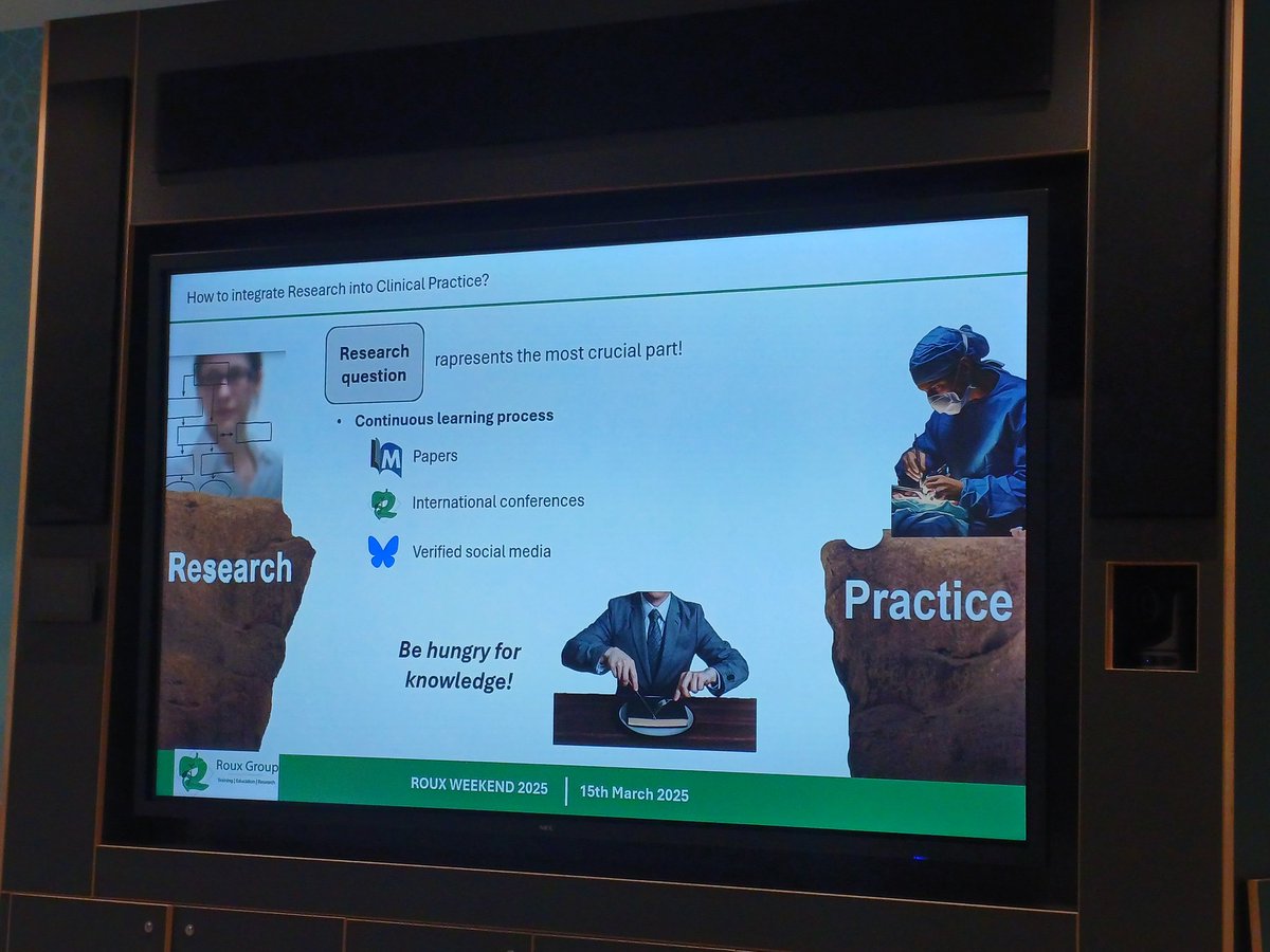 Dana Sochorova (@sochorovadana) on Twitter photo How to translate research to real-world clinical practice by <a href="/Gio_Marchegiani/">Giovanni Marchegiani</a> at #Roux2025:
👉 challenge your own practice
👉 challenge "we have always done it this way" approach
👉 challenge if claimed best is the truly #EBM best
<a href="/roux_group/">The Roux Group</a> How to translate research to real-world clinical practice by <a href="/Gio_Marchegiani/">Giovanni Marchegiani</a> at #Roux2025:
👉 challenge your own practice
👉 challenge "we have always done it this way" approach
👉 challenge if claimed best is the truly #EBM best
<a href="/roux_group/">The Roux Group</a>