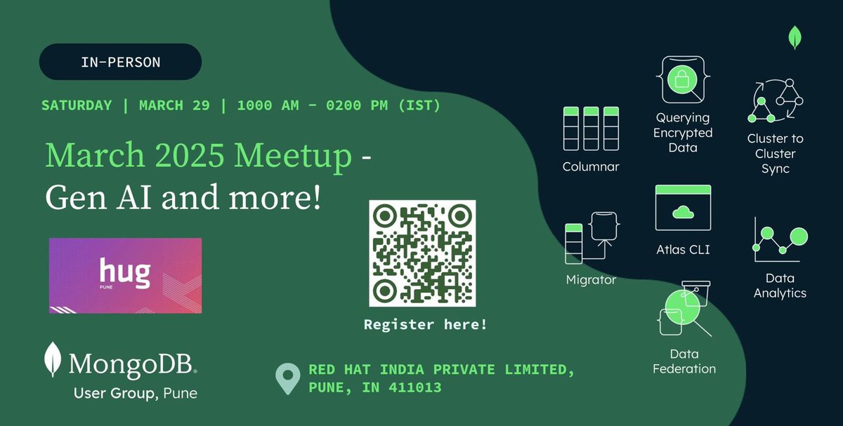 MUG Pune (@punemug) on Twitter photo ๐ #MUGPune March 2025 Meetup! ๐
Join us for Gen AI talks, networking & sessions with
<a href="/PuneHashicorpUG/">Pune Hashicorp User Group</a>!
๐
March 29, 2025
๐ Limited seats available, register now at lu.ma/jz49xoxg
#MongoDB #GenAI #TechMeetup #PuneTech #HUGPune ๐ #MUGPune March 2025 Meetup! ๐
Join us for Gen AI talks, networking & sessions with
<a href="/PuneHashicorpUG/">Pune Hashicorp User Group</a>!
๐
March 29, 2025
๐ Limited seats available, register now at lu.ma/jz49xoxg
#MongoDB #GenAI #TechMeetup #PuneTech #HUGPune