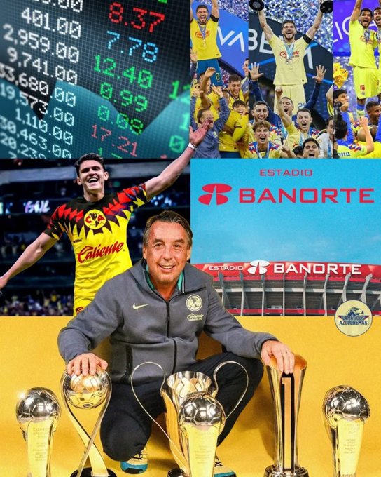 The image is a collage celebrating the achievements of Don Emilio Azcárraga, the owner of Club América, a prominent Mexican football club. The central figure is Don Emilio Azcárraga, who is depicted kneeling in front of several trophies, symbolizing the six championships mentioned in the post, including the Tricampeonato of Liga MX. Surrounding him are images of jubilant Club América players celebrating victories, with one player prominently holding up a championship trophy. The background includes a large sign for 'Estadio Banorte', indicating the stadium's new name after the club's financial restructuring. Additionally, there are stock market figures on the left side, reflecting the financial success of Grupo Ollamani, which allowed Club América and Estadio Azteca to be listed on the stock exchange. The post text highlights these accomplishments within less than three years, including the partnership with Adidas, which is not visually represented but contextually relevant.