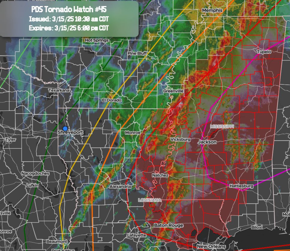 StormTrackingHQ's tweet photo. #PDS #TornadoWatch 045 has been issued for parts of #Mississippi and #Louisiana until 6:00 pm CDT #wxtwitter #wxX #severewx #severe #severeweather #HighRisk #Tornado #mswx #lawx #Natchez #BatonRouge #TupeloMS #Vicksburg #JacksonMS #Hattiesburg #Slidell #ColumbusMS #McComb
Numerous strong #tornadoes expected
Scattered #hail up to tennis ball size likely
Scattered gusts up to 75 MPH likely
⚠️This a is Particularly Dangerous Situation