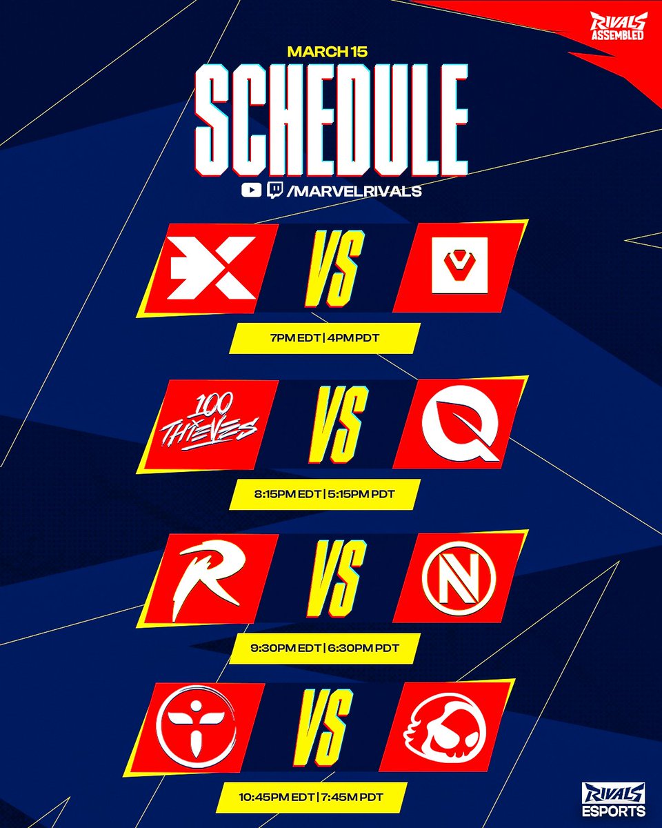 Day 2 of the $100K NA Marvel Rivals Invitational 

@Shroud vs <a href="/SENRivals/">Sentinels Rivals</a>
<a href="/100T_Esports/">100 Thieves Esports</a> vs <a href="/FlyQuestRivals/">FlyQuest Rivals</a>
<a href="/RadEsport/">Rad Esports</a> vs <a href="/Envy/">ENVY</a>
<a href="/ShikigamiGGs/">Shikigami</a> vs <a href="/NTMRgg/">NTMR</a> 

Here's the Schedule ⬇️