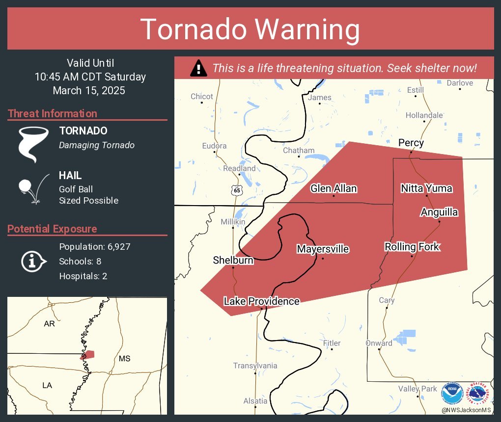 LimWeather's tweet photo. #PDS #TornadoWarning with #Tornado OTG for NE #Louisiana,W #Mississippi esp #LakeProvidence,#Mayersville,#RollingFork,#Anguilla,#PercyMS,#GraceMS,#Shelburn! Pls #TakeCover now!
#Wxx #WxTwitter #SevereWx #SPC #Wind #Hail #LAwx #MSwx #ParticularlyDangerousSituation #DixieAlley https://t.co/hFpWxXfxbM