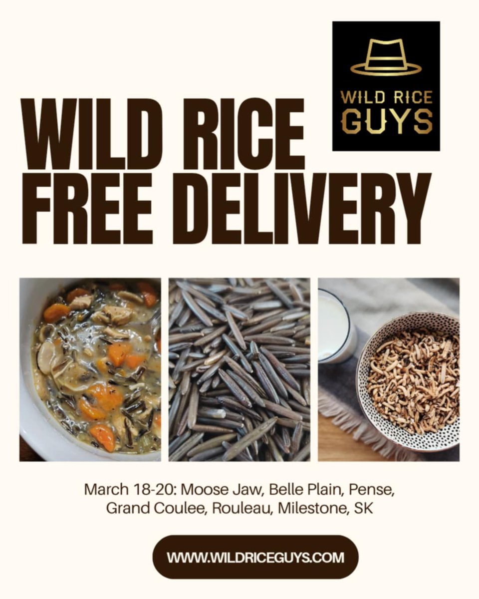 🚨 Wild Rice Guys is back! 🚨

FREE DELIVERY to Sask towns: Moose Jaw, Belle Plain, Pense, Grand Coulee, Rouleau, Milestone! 📦

📅 March 18-20 – Want your town next? Comment below! ⬇️

🌾 Order: wildriceguys.com

#WildRiceGuys #FreeDelivery #Saskatchewan