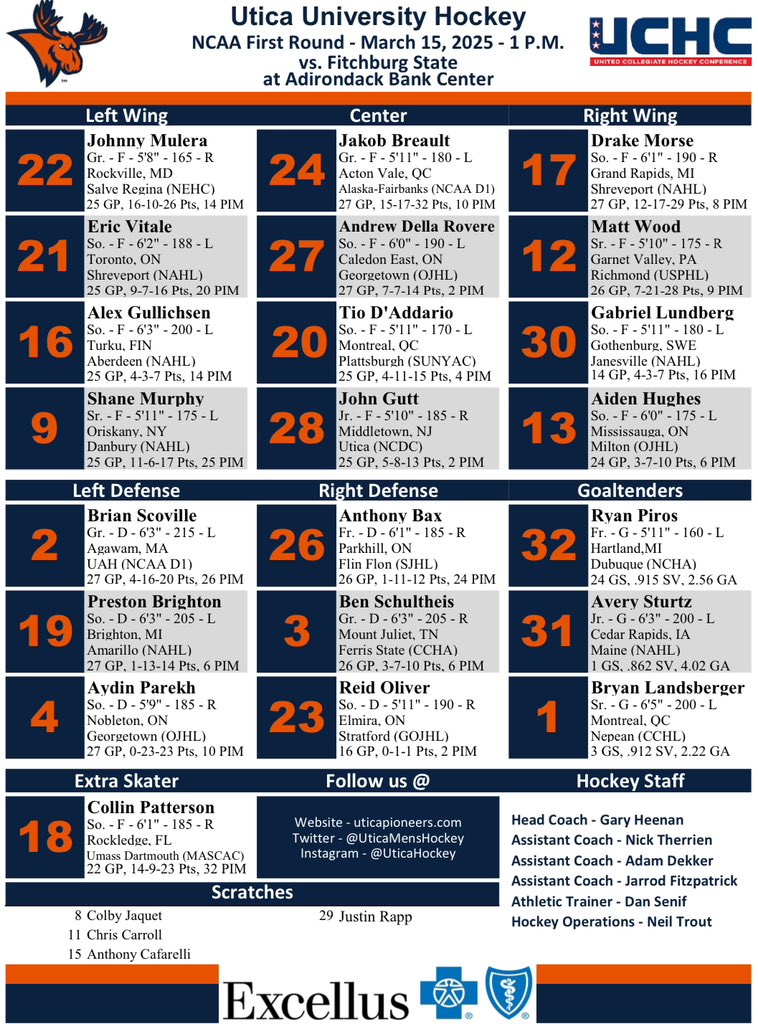 The <a href="/ExcellusBCBS/">Excellus BCBS</a> lines for today’s NCAA Tournament game vs Fitchburg! 

#PioneerHockey