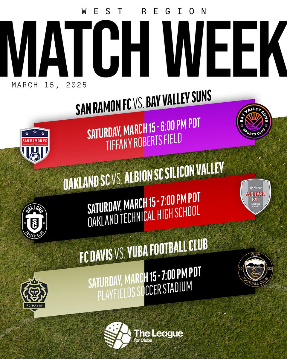 The League For Clubs (@theleague_fc) on Twitter photo The first matches in the history of TLfC are here!
<a href="/SanRamonFC/">San Ramon FC ⚽️</a> <a href="/Oakland_SC/">Oakland Soccer Club</a> <a href="/AlbionSV/">ALBION SC SILICON VALLEY</a> <a href="/FCDavisLions/">FC Davis</a> <a href="/Yuba_FC/">YubaFootballClub</a> The first matches in the history of TLfC are here!
<a href="/SanRamonFC/">San Ramon FC ⚽️</a> <a href="/Oakland_SC/">Oakland Soccer Club</a> <a href="/AlbionSV/">ALBION SC SILICON VALLEY</a> <a href="/FCDavisLions/">FC Davis</a> <a href="/Yuba_FC/">YubaFootballClub</a>