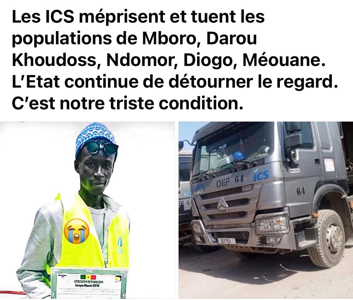 Serigne Mbacké Dieng, tué par une fuite de gaz des ICS est resté cloué au lit plus de 2 mois sans prise en charge médicale. Ses 102 collègues licenciés l’ont enterré à Touba ce samedi. Qu’il repose en paix 🙏🏾