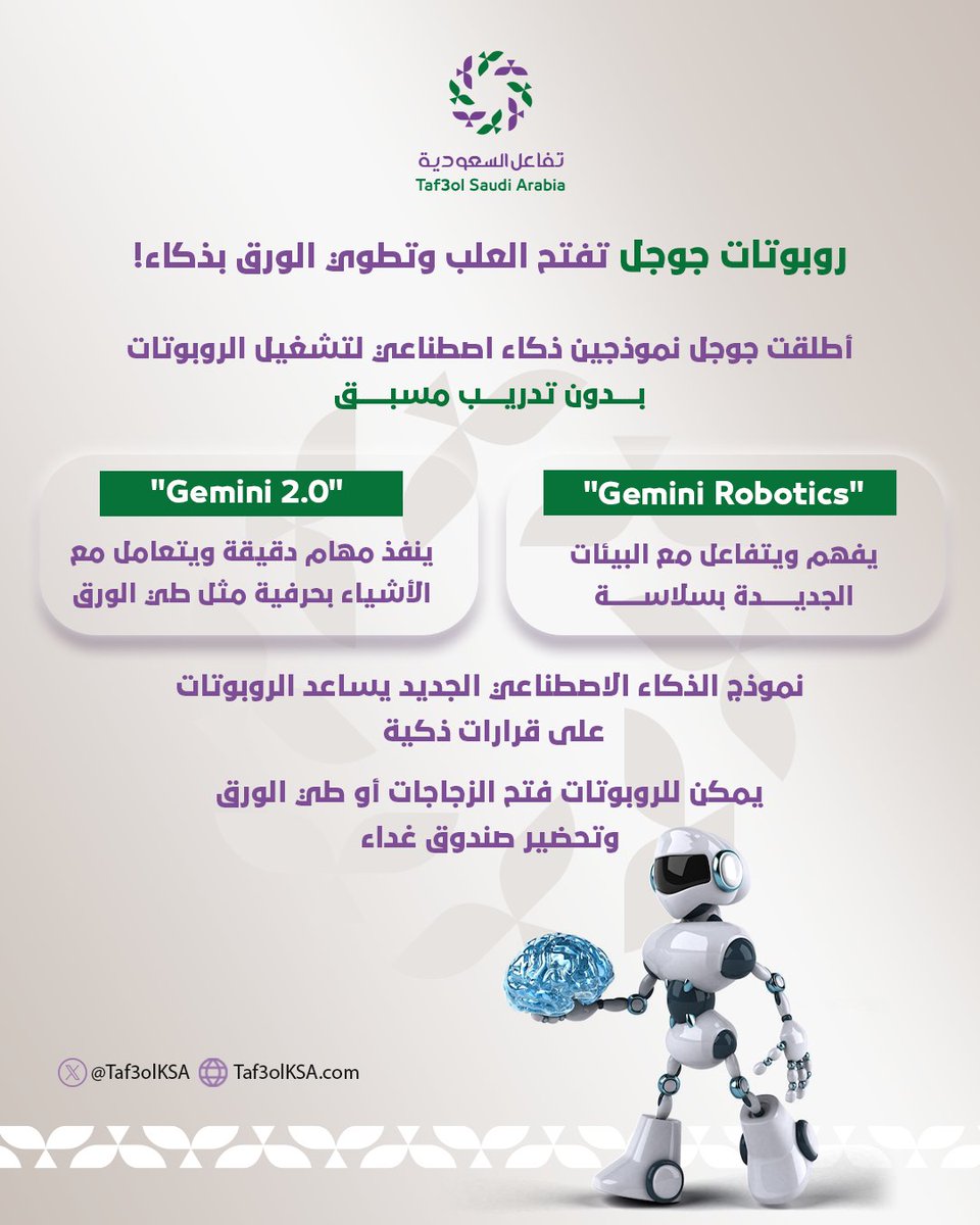 Taf3olKSA's tweet image. يتعامل مع الأشياء بحرفية.. روبوتات جوجل🦾 تفتح العلب وتطوي الورق بذكاء👌
#روبوتاتـجوجل #روبوتات
#الذكاء_الاصطناعي #الذكاء_الاصطناعي_في_السعودية
#GeminiـRobotics
