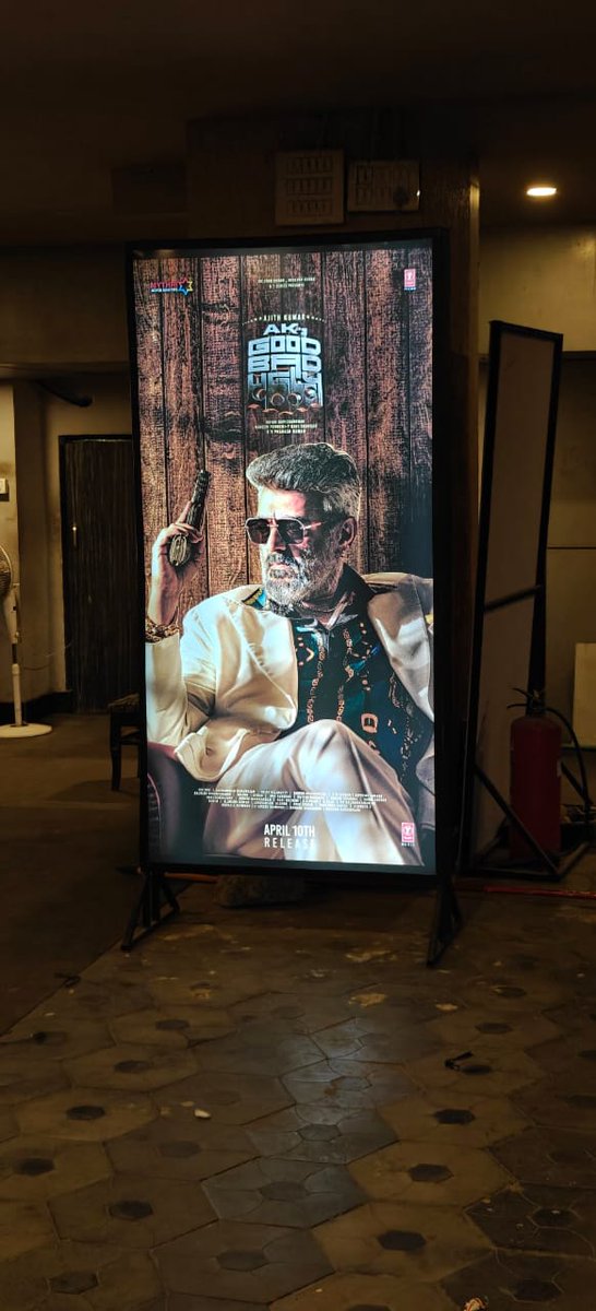 TFC_mass's tweet photo. #GoodBadUgly Hoarding at Miraj Cinemas Hyderabad..

@MythriOfficial 🥳🥳 vera level 🥵

#AjithKumar https://t.co/5N2OSPOY1t