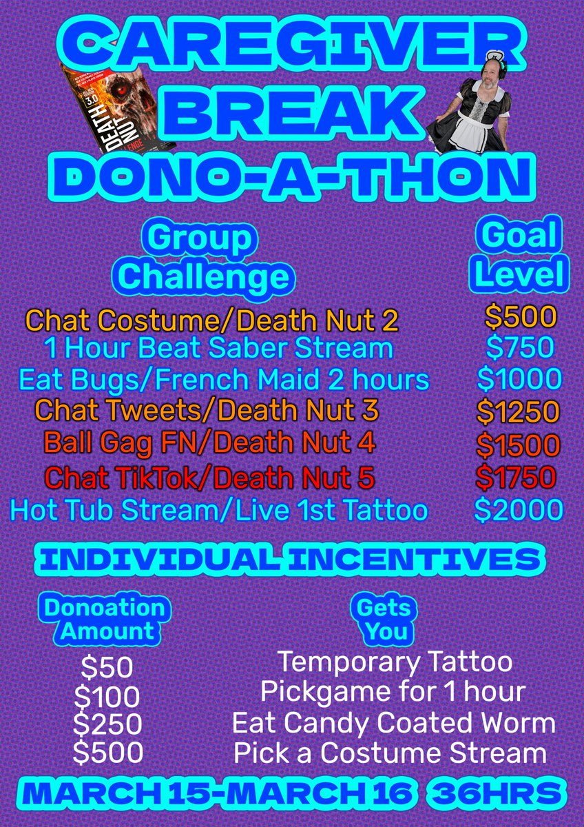 ToeKneeTM's tweet photo. 🚨36 Hour Max Dono-A-Thon🚨

It all starts at 12pm Eastern today! Games, Lego, Marbles, and lots of babble. Death Nuts, Bugs, and worms could be eaten. French maid? Gag ball? Hot Tub Stream? Maybe even my first ever tattoo live? Come join the fun!

See you soon. Link in bio. https://t.co/tVJeOfbu07