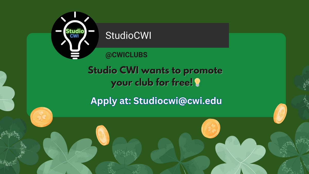 Lucky you!  Studio CWI is giving clubs a golden opportunity—FREE promotion!  Don’t miss your chance to shine! 

 Apply now at Studiocwi@cwi.edu! #LuckyClub #StudioCWI #ClubSpotlight