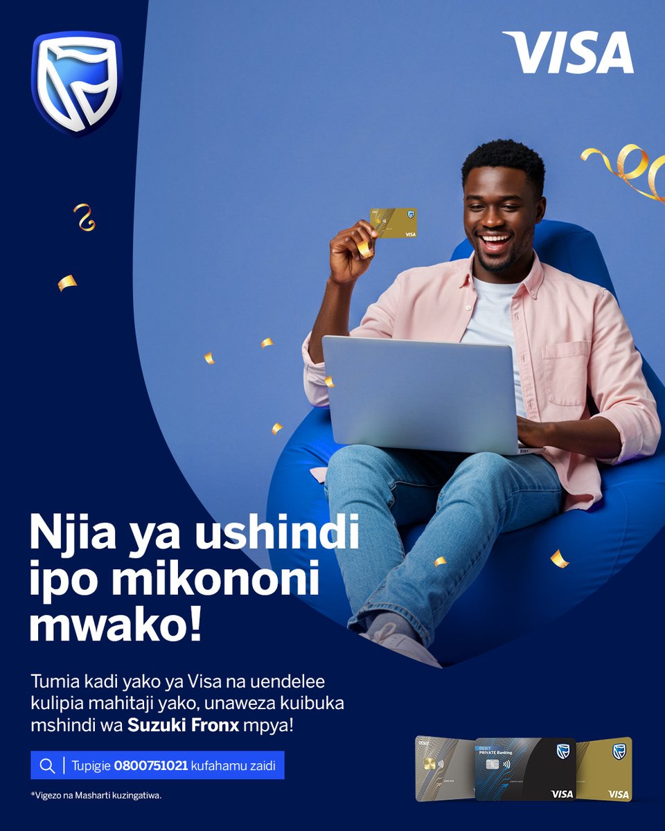 Kazi kwako!  Unachotakiwa kufanya tu ni kuhakikisha unatumia Stanbic Visa Debit Card yako kufanya miamala na uongeze nafasi zako za kuingia kwenye droo ya kila mwezi ya kushinda pesa taslimu.
 
#StanbicVisa Card #TapKibingwa