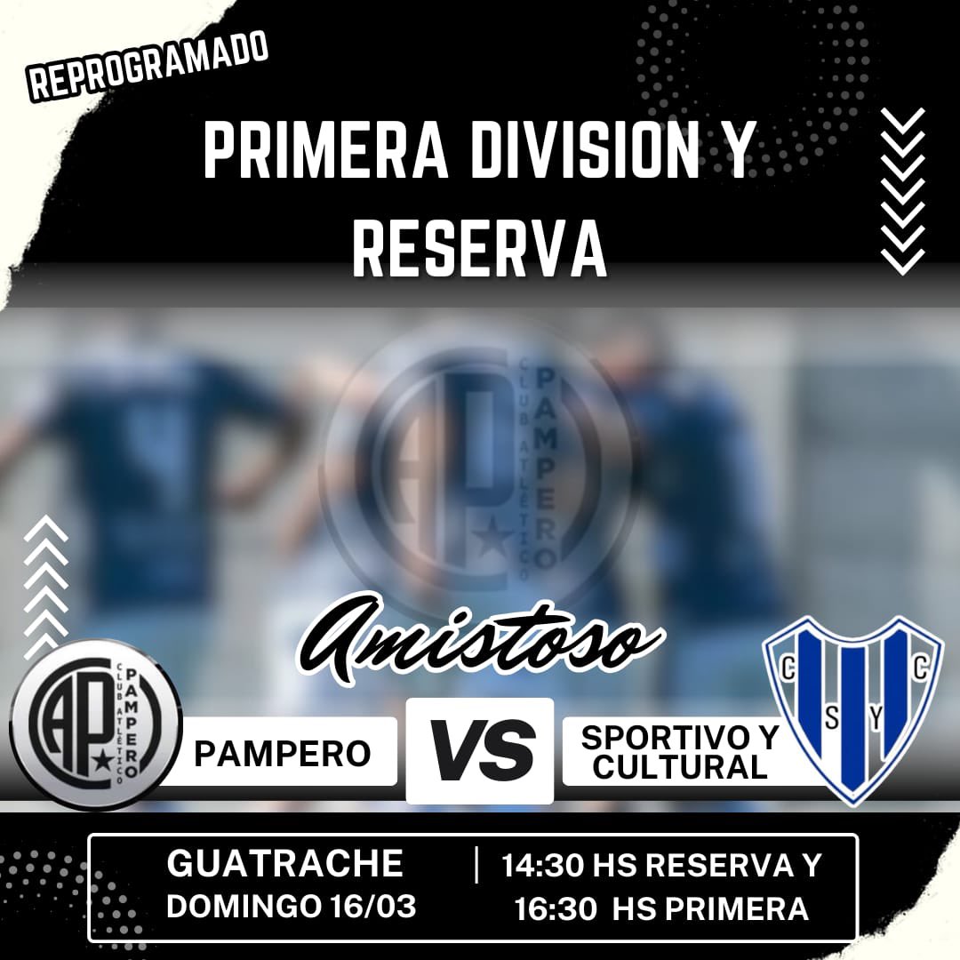 ⚽️Mañana tendremos un amistoso frente a Sportivo y Cultural en Guatraché.

⏰ La reserva comenzará a las 14:30 hs y 16:30 la primera división.

🫂 La entrada será gratuita y en el acceso se estarán recibiendo donaciones de alimentos no perecederos para Bahía Blanca.