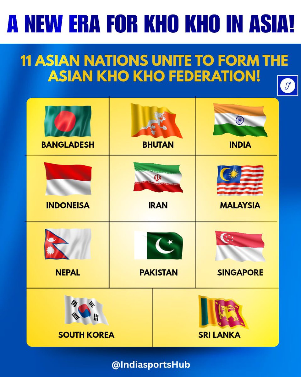 IndiaSportsHub's tweet photo. 11 Asian Nations Form Asian KhoKho Federation 

💥 India 🇮🇳 
💥 Bangladesh 🇧🇩 
💥 Bhutan 🇧🇹 
💥 Indonesia 🇮🇩 
💥 Iran 🇮🇷 
💥 Malaysia 🇲🇾 
💥 Nepal 🇳🇵 
💥 Pakistan 🇵🇰 
💥 Singapore 🇸🇬 
💥 South Korea 🇰🇷 
💥 Sri Lanka 🇱🇰 

#KhoKho https://t.co/DdFVaSKLLF