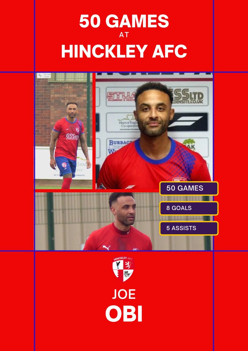 Off the bench, <a href="/joeobi13/">Joe Obi</a> makes his 50th HInckley appearance today. Well done mate, here’s to many more 😉. #TenMoreYears ❤️💙