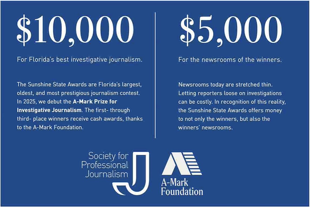 SPJ Florida (@spjfla) on Twitter photo Thank you <a href="/AMarkFoundation/">The A-Mark Foundation</a> for supporting the Sunshine State Awards! Their new Investigative Journalism award offers cash prizes for 1st, 2nd & 3rd place. Submit by March 17!
ssa.secure-platform.com/a Thank you <a href="/AMarkFoundation/">The A-Mark Foundation</a> for supporting the Sunshine State Awards! Their new Investigative Journalism award offers cash prizes for 1st, 2nd & 3rd place. Submit by March 17!
ssa.secure-platform.com/a
