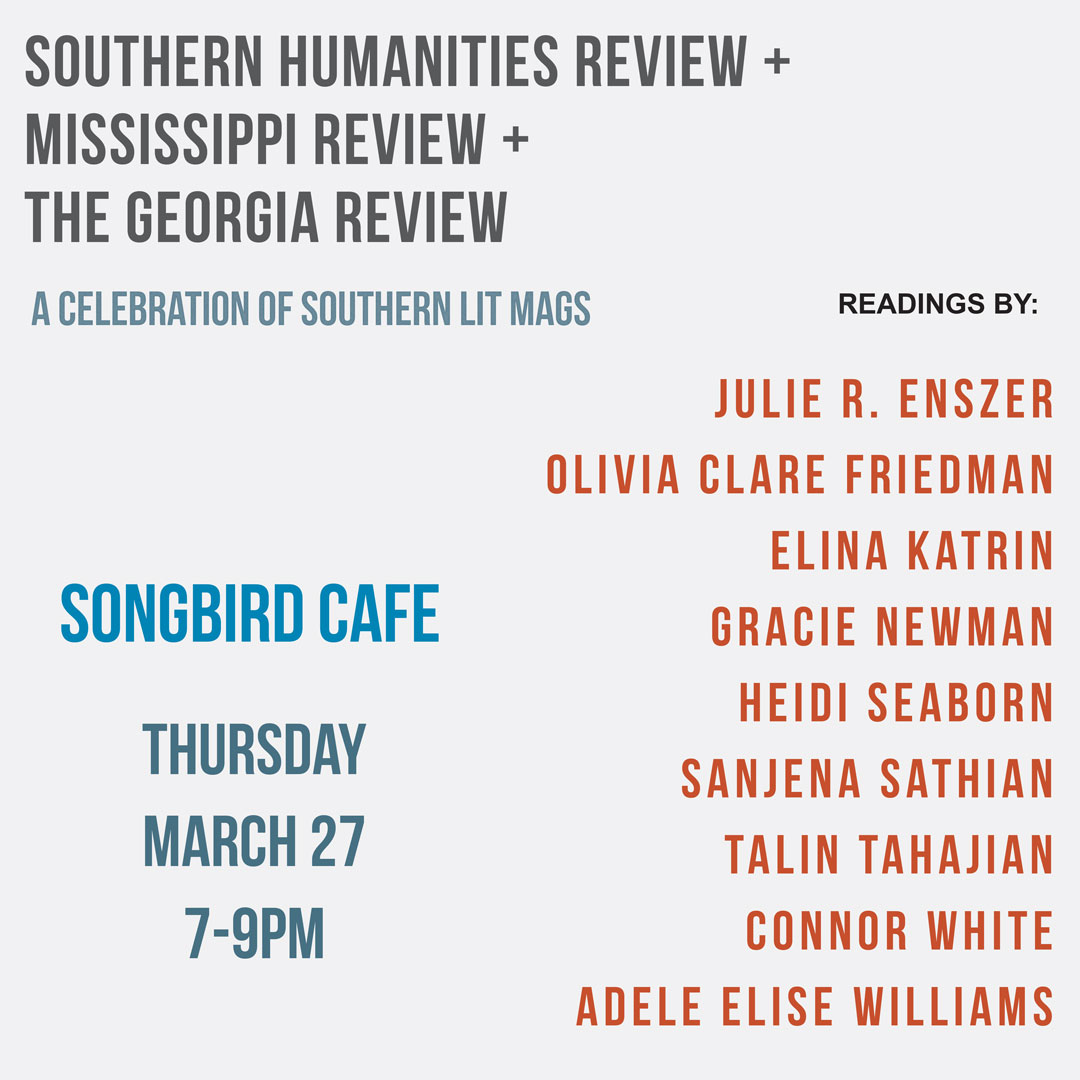 Maria Kuznetsova (@mashawrites) on Twitter photo Hi! <a href="/SouthernHReview/">SouthernHumanitiesReview</a> is thrilled to host a reading with <a href="/MissReviewMag/">Mississippi Review</a> and <a href="/GeorgiaReview/">Georgia Review</a> at AWP! Come celebrate Southern Lit mags at a speakeasy in Chinatown, eat moon pies, and mingle!
Drop a note below if you'll be at AWP, especially if you're an SHR contributor... Hi! <a href="/SouthernHReview/">SouthernHumanitiesReview</a> is thrilled to host a reading with <a href="/MissReviewMag/">Mississippi Review</a> and <a href="/GeorgiaReview/">Georgia Review</a> at AWP! Come celebrate Southern Lit mags at a speakeasy in Chinatown, eat moon pies, and mingle!
Drop a note below if you'll be at AWP, especially if you're an SHR contributor...