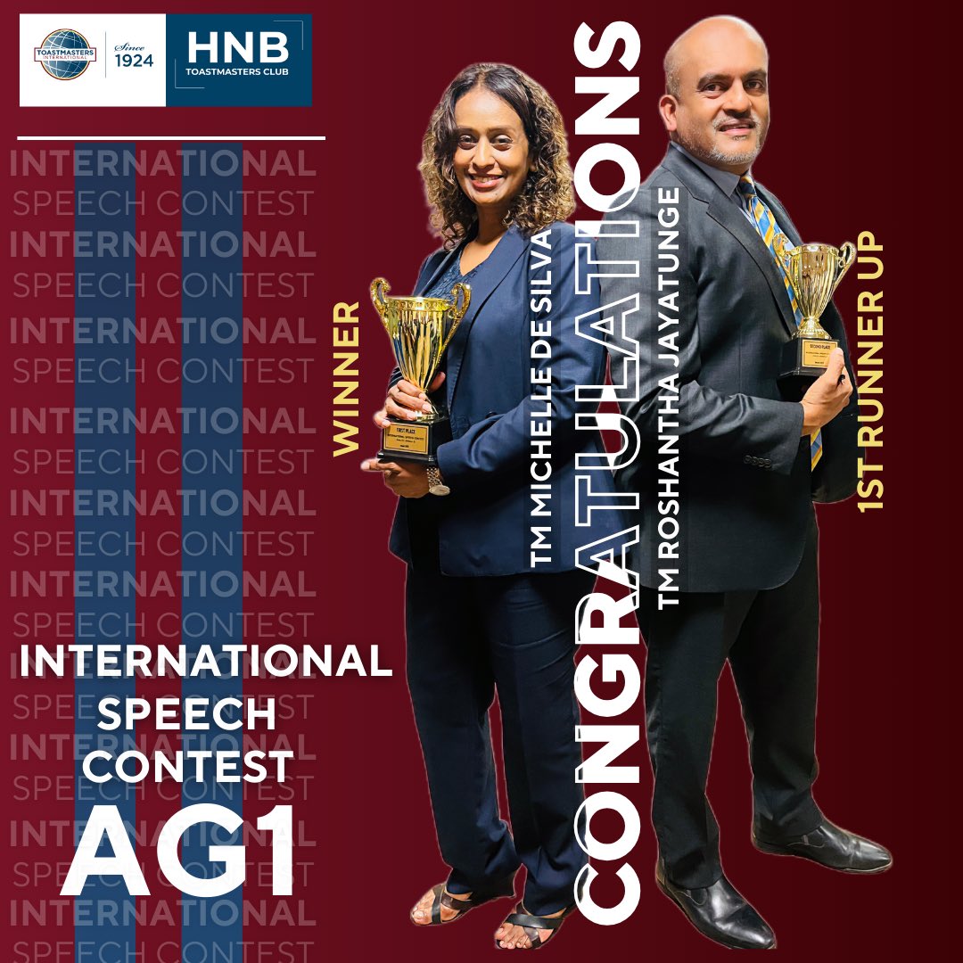 HNBTMC's tweet photo. Congratulations to the winners of the Area G1 International Speech Contest! Our champions from HNB TMC have secured the top spots and are now advancing to the Division Level Contest! 🎉 #HNBTMC #SpeechContest2025 #AreaG1Champions #OnwardToDivision #Toastmasters #PublicSpeaking https://t.co/ospkL0Cepa
