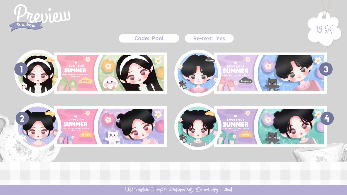 sebakoelsatji's tweet image. Help RT, thank you 🩵

Halo, Bakoel ada 4 layout chibi rs dengan code "pool"

Muse: sunghoon, ningning, minju dan wony 
💰 18 K (free re-text) 

Yang minat boleh dm ya 😉 #zonauang