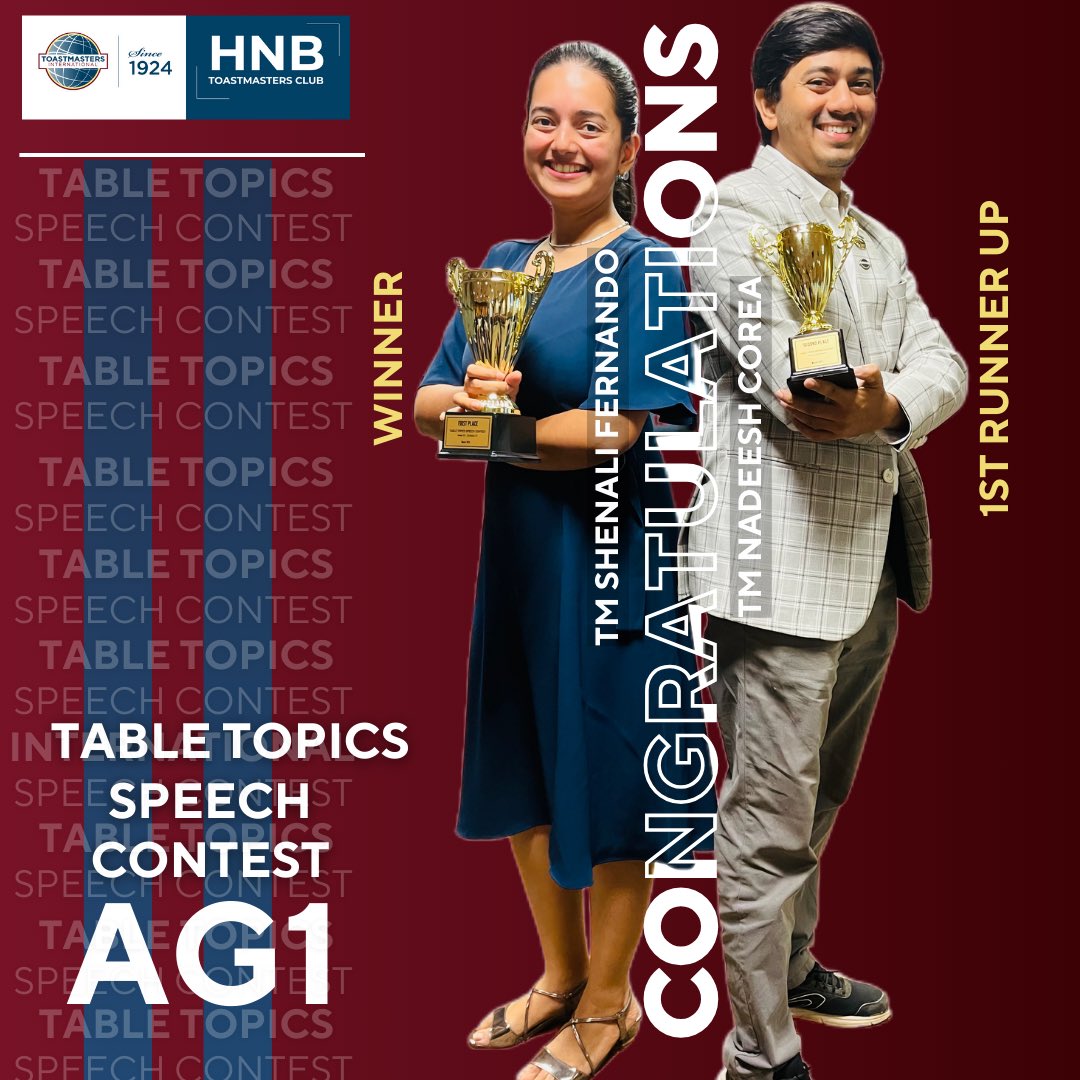 HNBTMC's tweet photo. Congratulations to the winners of the Area G1 Table Topics Contest! We are proud to see HNB TMC leading the way, with our contestants advancing to the Division Level Contest! 🚀✨#HNBTMC #TableTopicsChampions #AreaG1Contest #ThinkFastSpeakBrilliantly #RoadToDivision #Toastmasters https://t.co/9K8aUPpKsI