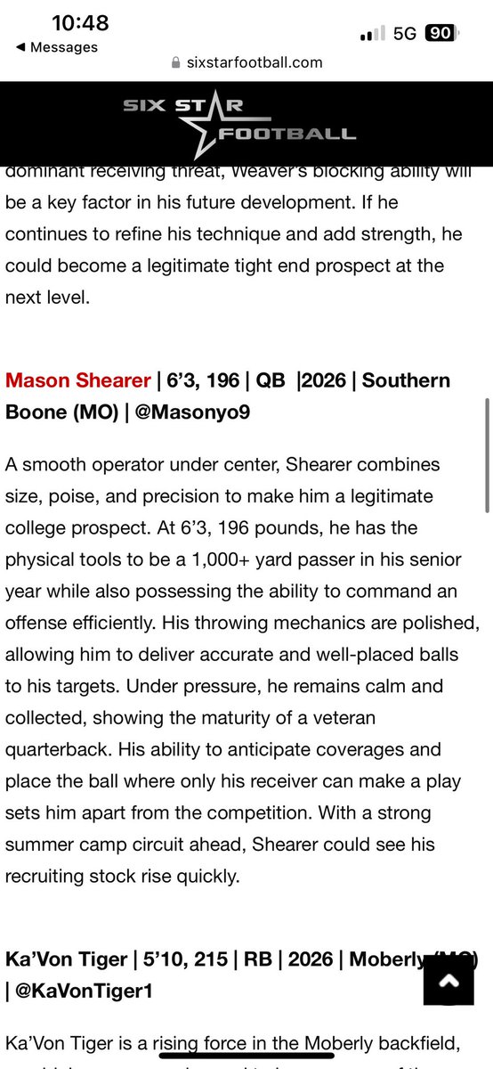 Mason Shearer (@masonyo9) on Twitter photo Thank you <a href="/sixstarfootball/">Six Star Football | PLUS+</a> for the article piece!
<a href="/mtross712/">Mark Ross</a>
<a href="/CoachLoganHicks/">Logan Hicks</a>
<a href="/JPRockMO/">JP Rock</a>
<a href="/SBCEagleFB/">Southern Boone Football</a> Thank you <a href="/sixstarfootball/">Six Star Football | PLUS+</a> for the article piece!
<a href="/mtross712/">Mark Ross</a>
<a href="/CoachLoganHicks/">Logan Hicks</a>
<a href="/JPRockMO/">JP Rock</a>
<a href="/SBCEagleFB/">Southern Boone Football</a>