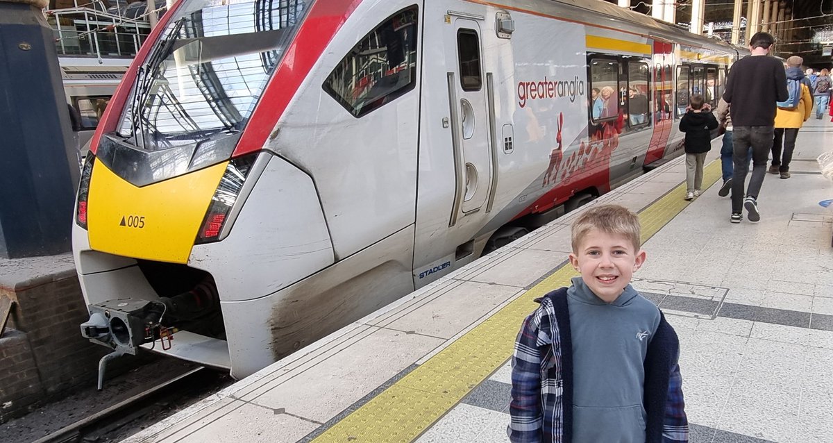 ukrailadventure's tweet photo. We've got little sister's favourite train for our ride home. #class745 005 or the 'flower train' as she calls it. Austin was excited to grab a picture to show her later π https://t.co/wEVYIgXWdY