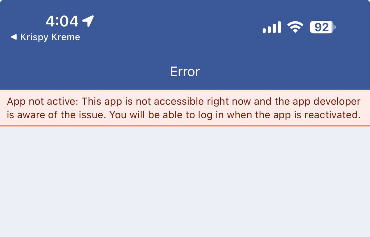 j_nocella's tweet photo. @krispykreme I am still having issues logging in with the app using Facebook. It was working before and now I am getting this error AGAIN!  I want to transfer all my points to a traditional email log in. https://t.co/H6bHBAj4yO