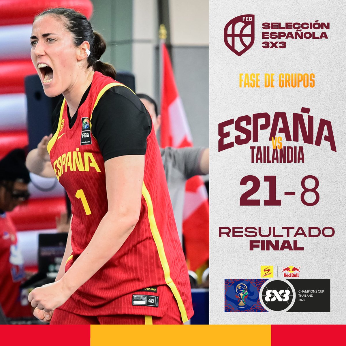 A SEMIS, invicta y como primera de grupo ✅

Mañana toca DISFRUTAR con la #SelFEM3x3 🇪🇸 

🏆 Fase de Grupos #3x3ChampionsCup
🇪🇸🆚🇹🇭 
FINAL | 21-8

#LaFamilia #SomosEquipo