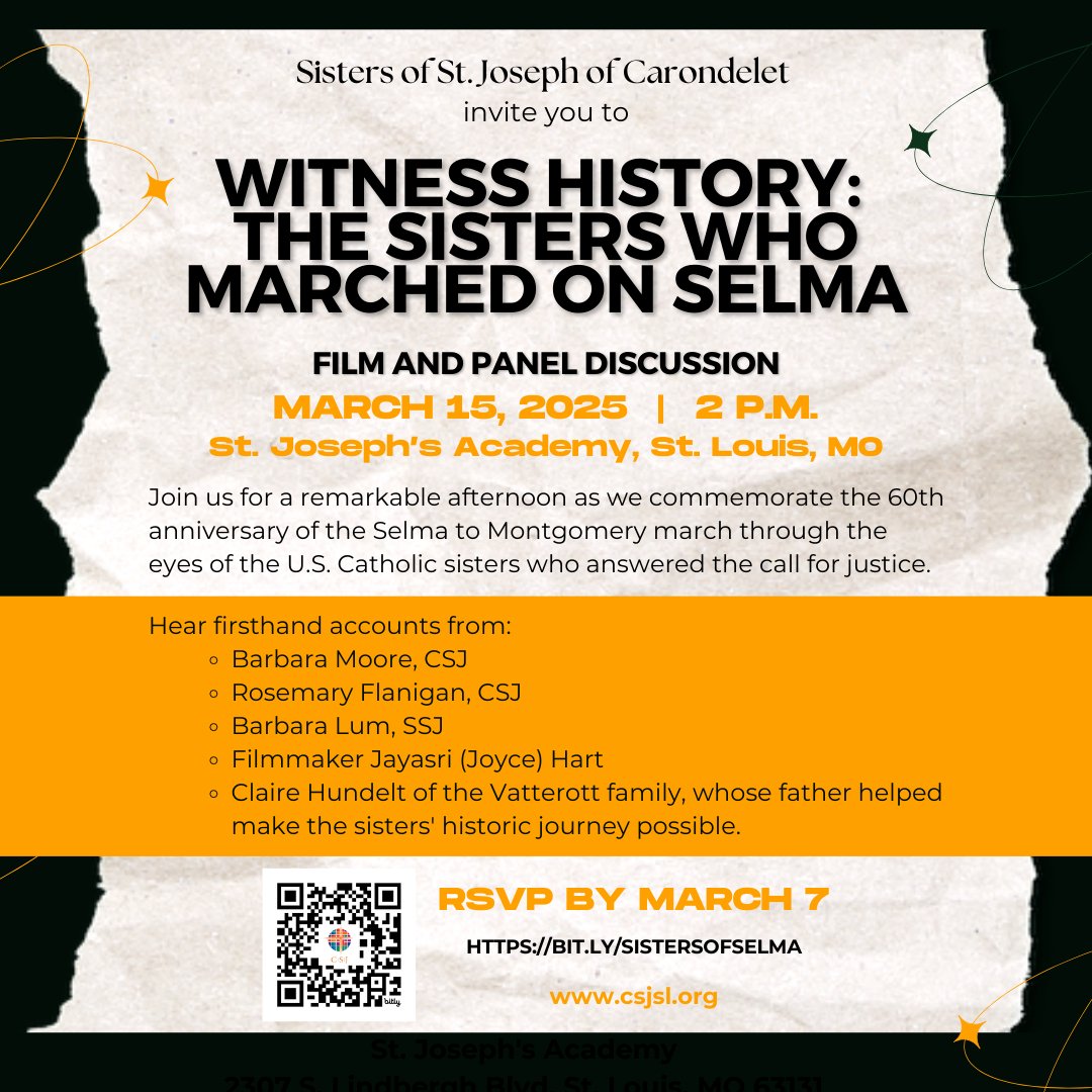 Join us today for the Sisters of Selma event!
As part of this event, we will be promoting a new digital exhibit and physical archival displays, on the sisters' role in the march. 
RSVP: loom.ly/8JNr5rs

#CRGC #CHI #sistersofselma #catholicevents