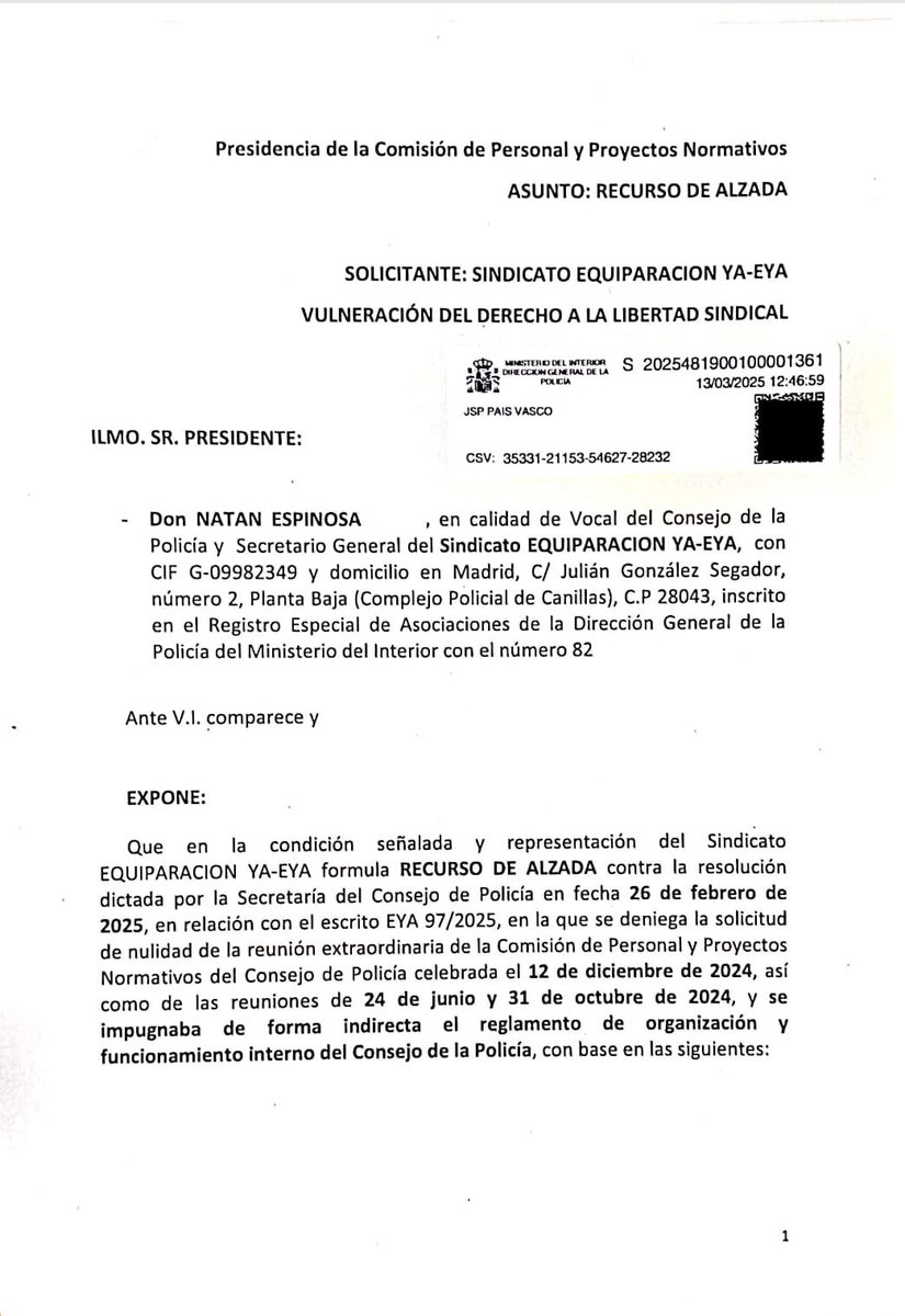 EYAPolicia's tweet photo. El sindicato @EYAPolicia presenta el 13 de #marzo de #2025 Recurso de Alzada contra la resolución de la @info_dgp en la que se deniega la nulidad de las 3 últimas reuniones de la Comisión de Personal y donde se impugnaba el Reglamento de funcionamiento del #ConsejoDePolicia 
#EquiparacionYA