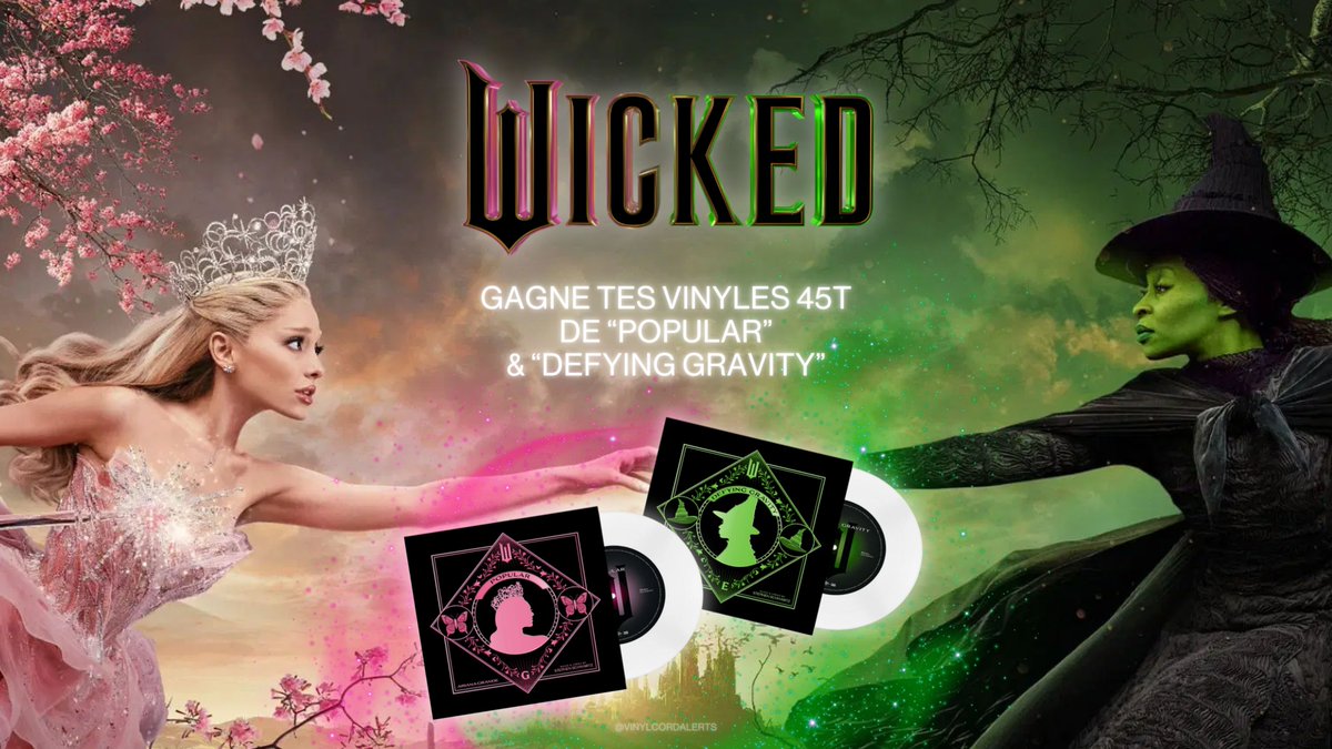 🎁 #CONCOURS | Fans de #Wicked, ce concours est pour vous ! ✨

Je vous fais gagner les 2 vinyles 45T de la BO de #Wicked: "Popular" &amp; "Defying Gravity", disponibles en France dès le 21 mars 🫧

Pour participer:

💚 RT &amp; Like ce tweet
🪄 Follow <a href="/VINYLCORDALERTS/">VINYLCORD ALERTS</a>
🩷 Me dire quel