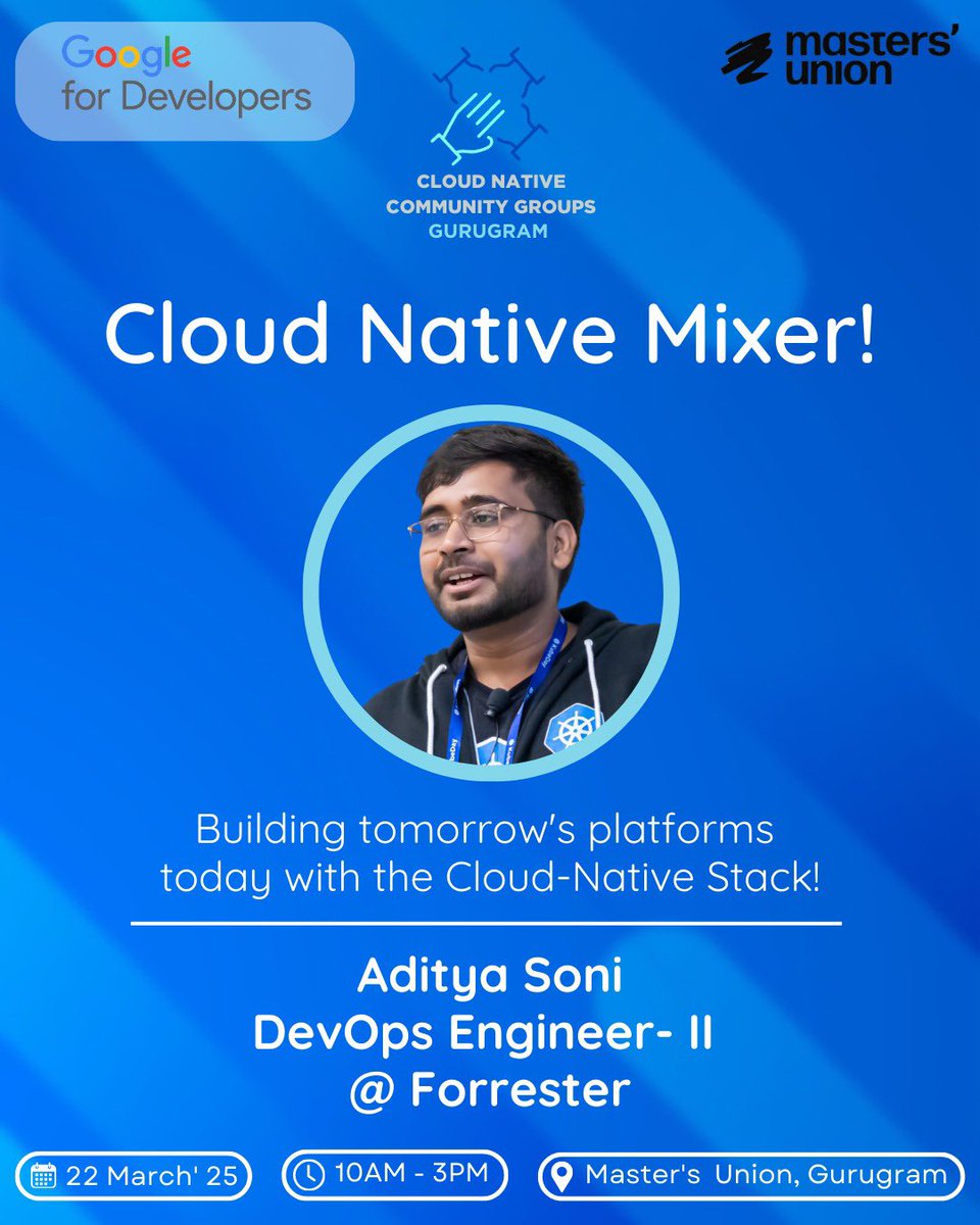 Join Community Mixer by Cloud Native Gurugram!

🎙 Aditya Soni (DevOps Engineer II, Forrester) shares insights on:
✅ Cloud-native platforms
✅ Kubernetes &amp; observability
✅ Scaling, automation &amp; security

📅 Mar 22, 2025 | 📍 Master’s Union, Gurugram