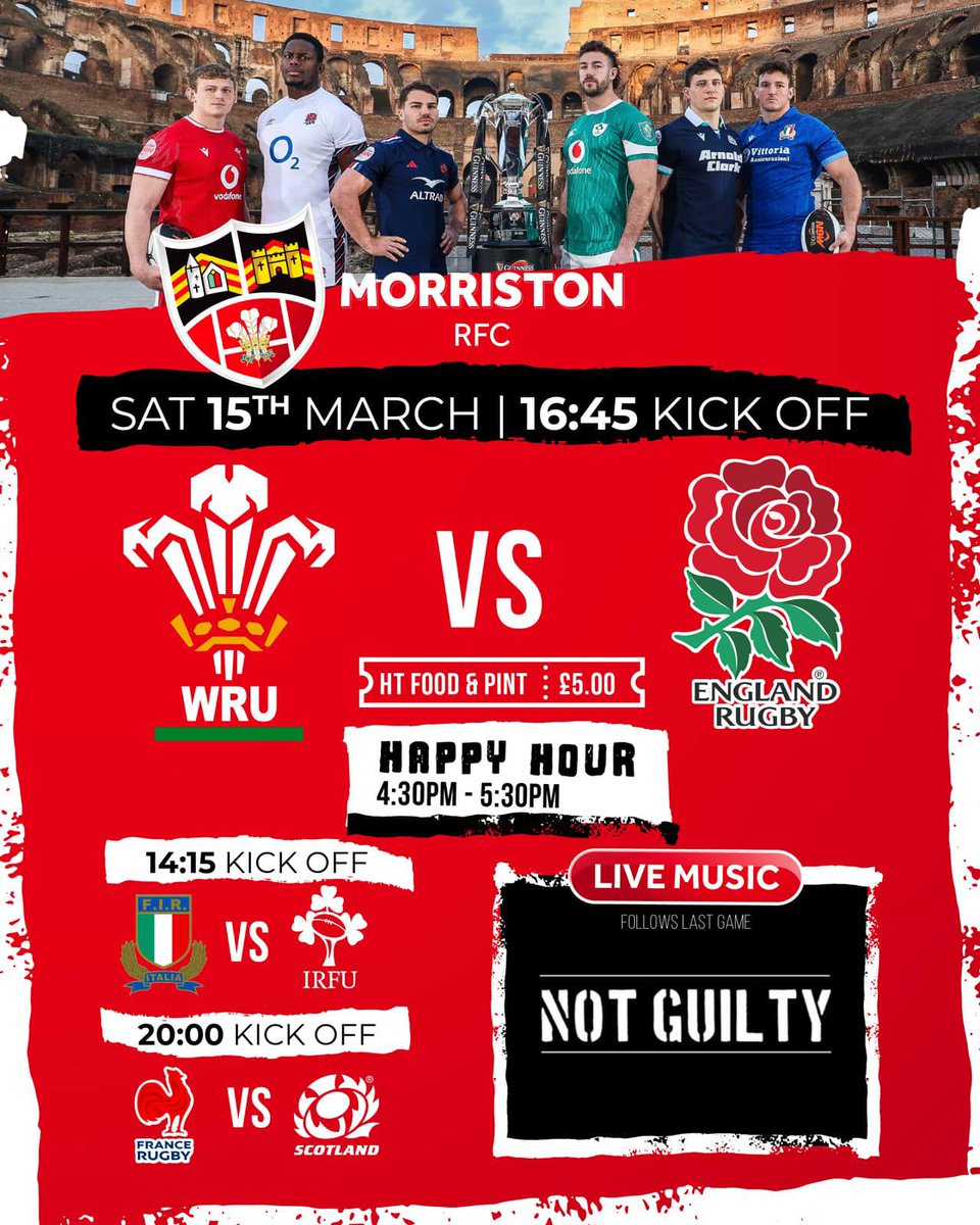 Super Saturday is here, last chance for Wales 🏴󠁧󠁢󠁷󠁬󠁳󠁿 to end their losing streak at <a href="/principalitysta/">Principality Stadium</a> against the old enemy. Join our EXPERTS👀at the club😉.
Live music from 'Not Guilty' after the games. #uppamonkeys #6Nations2025