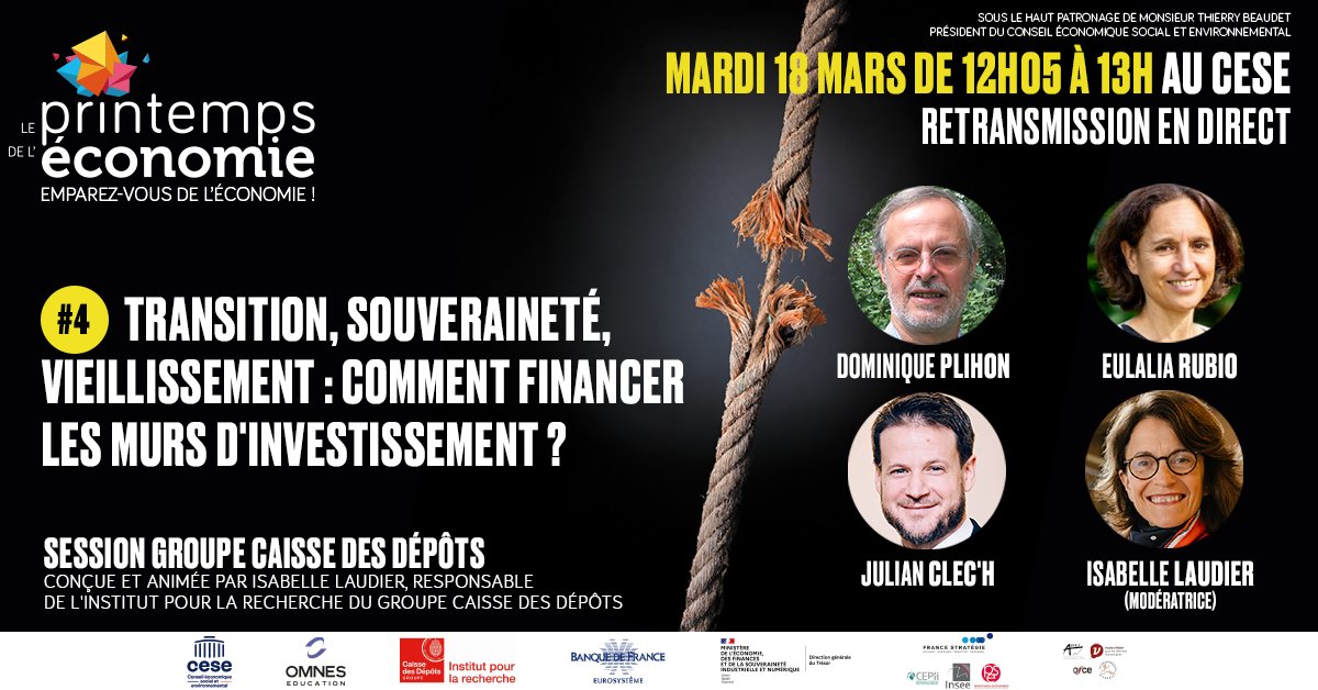printempsdeleco's tweet image. La conférence &quot;Transition, souveraineté, vieillissement : comment financer les murs d&apos;investissement ?&quot; va démarrer d&apos;ici peu ! 🚀
Session @caissedesdepots conçue/animée par Isabelle Laudier avec @DomPlihon @univ_spn @eulaliarubio @DelorsInstitute @HClec @caissedesdepots
🔴Ne…