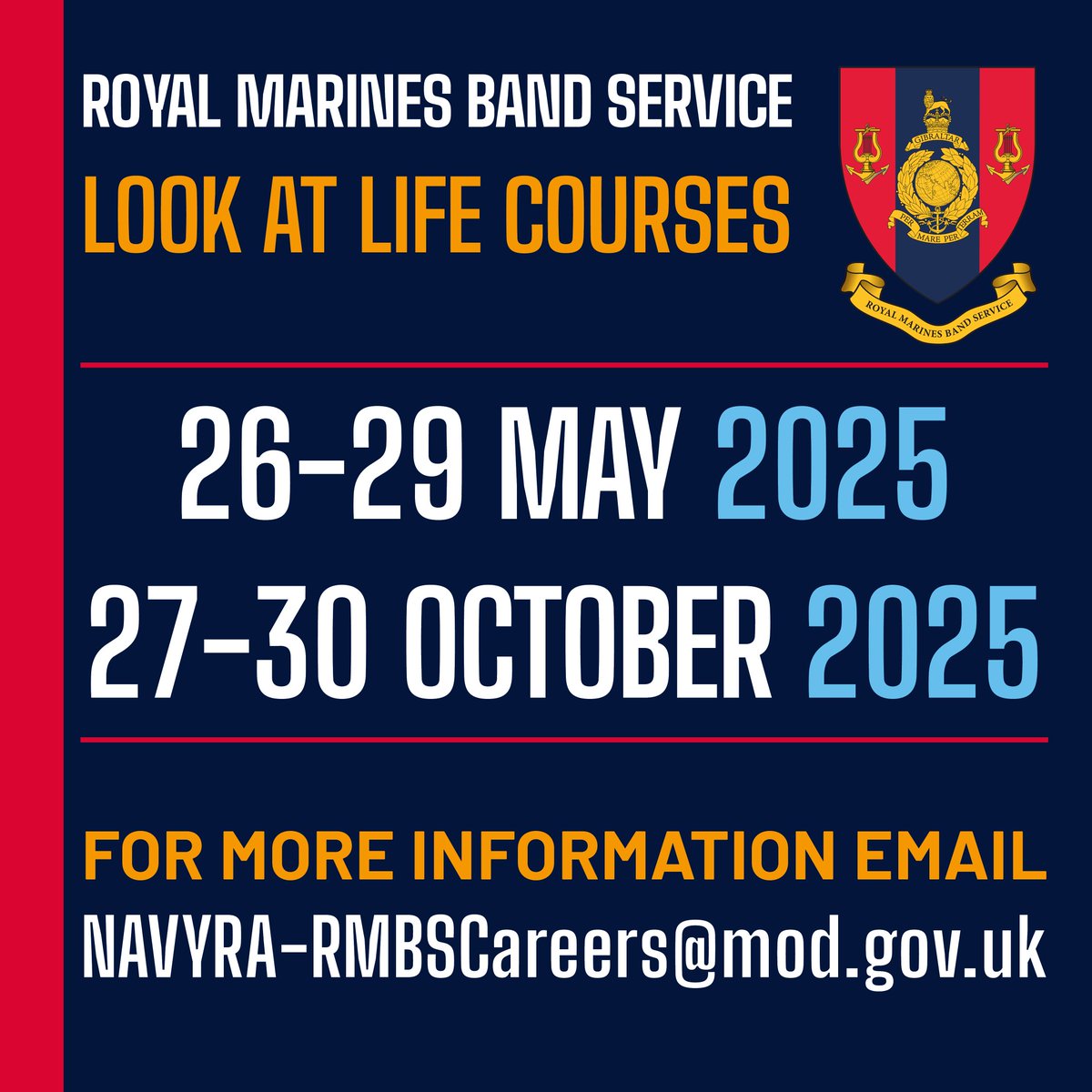 The Bands of HM Royal Marines (@rmbandservice) on Twitter photo 🎶 Aged between 15-18?
🥁 Would you like to experience what life is like in the RMBS?
📩 Register your interest at
navyra-careers@mod.gov.uk
For an exceptional career in music please visit
royalnavy.mod.uk/rmbs
#royalmarines #royalnavy #opportunities #militarymusic 🎶 Aged between 15-18?
🥁 Would you like to experience what life is like in the RMBS?
📩 Register your interest at
navyra-careers@mod.gov.uk
For an exceptional career in music please visit
royalnavy.mod.uk/rmbs
#royalmarines #royalnavy #opportunities #militarymusic