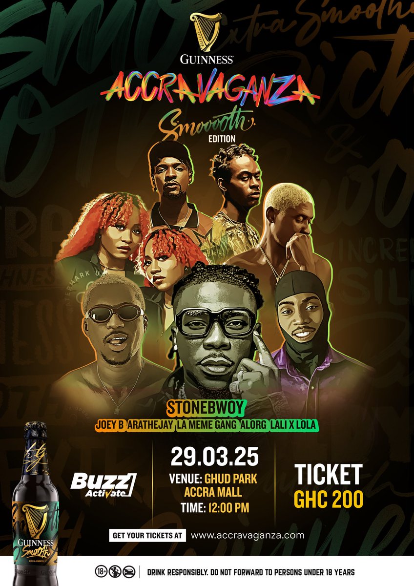 GhanaMusic's tweet photo. Ghana's biggest pop-culture festival, Guinness Accravaganza (@Accravaganza) , names Stonebwoy, AratheJay, Joey B, others for its boldest "Smoooth" Edition on 29th March 2024.

Read more here : https://t.co/MEpd2TOCUR
#GhanaMusic #GuinnessAccravaganza #SmooothEdition https://t.co/GXdayGHIuk