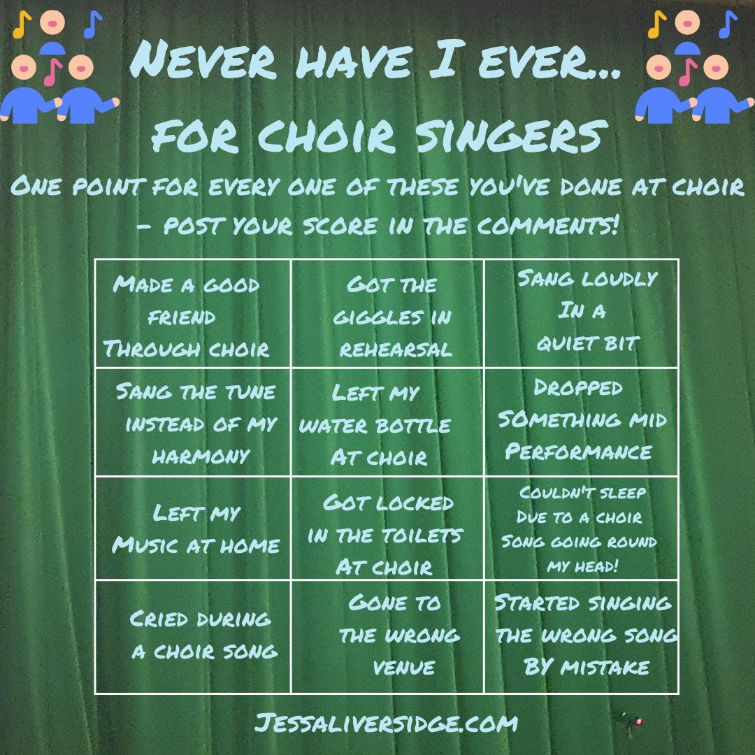 Jessa Liversidge (@jessaliversidge) on Twitter photo A bit of fun for the weekend #neverhaveiever for choirs! Give it a go and share with singing friends...my score is a solid 8!
#choir #communitychoir #singer
<a href="/YorkPhilChoir/">York Philharmonic Male Voice Choir</a> <a href="/yms_uk/">York Musical Society</a> <a href="/natyouthchoir/">National Youth Choir</a> <a href="/LonYouthChoirs/">London Youth Choirs</a> <a href="/VocalShack/">VocalShack</a> <a href="/Sineadey/">Sinéad Florence Livingston</a> <a href="/SingingItBack/">Singing It Back</a> <a href="/AndoverLadies/">AndoverLadiesChoir</a> <a href="/maddie4music/">Maddie4Music</a> A bit of fun for the weekend #neverhaveiever for choirs! Give it a go and share with singing friends...my score is a solid 8!
#choir #communitychoir #singer
<a href="/YorkPhilChoir/">York Philharmonic Male Voice Choir</a> <a href="/yms_uk/">York Musical Society</a> <a href="/natyouthchoir/">National Youth Choir</a> <a href="/LonYouthChoirs/">London Youth Choirs</a> <a href="/VocalShack/">VocalShack</a> <a href="/Sineadey/">Sinéad Florence Livingston</a> <a href="/SingingItBack/">Singing It Back</a> <a href="/AndoverLadies/">AndoverLadiesChoir</a> <a href="/maddie4music/">Maddie4Music</a>