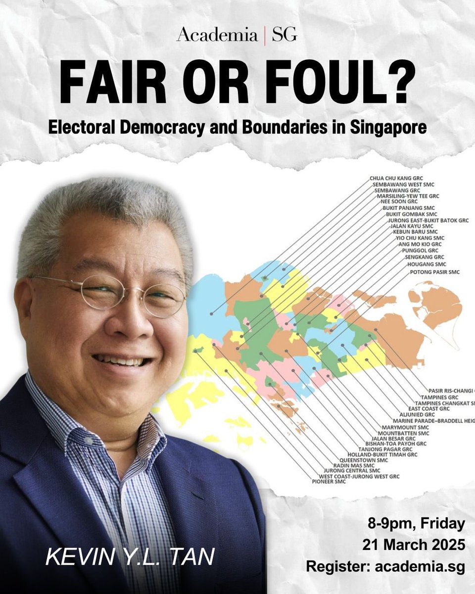 AcademiaSG is gearing up for GE2025, gathering scholars of Singapore to help explain and comment on the country's political system. Professor Kevin Tan will explain a key weakness in our Constitution. 

📅 Friday, 21 March
⏰ 8–9 PM SGT

Register here: academia.sg/events/webinar…