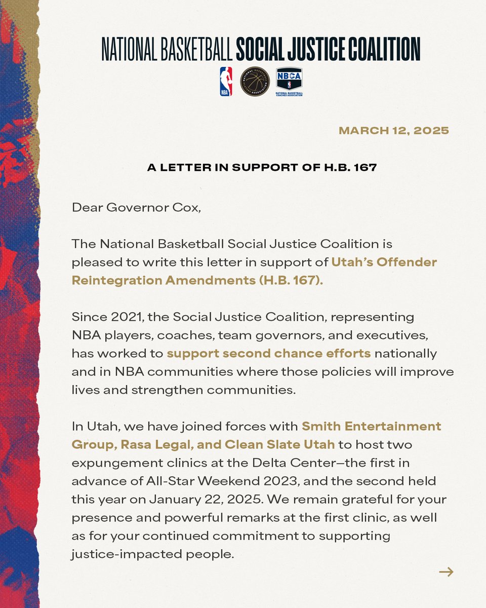 NBACoalition's tweet photo. Second chance policies benefit families, help improve the economy, and strengthen public safety. Our Coalition supports Utah’s House Bill 167, which aims to reduce re-entry barriers and expand employment opportunities for justice system-involved individuals. Read our letter here. #SecondChances